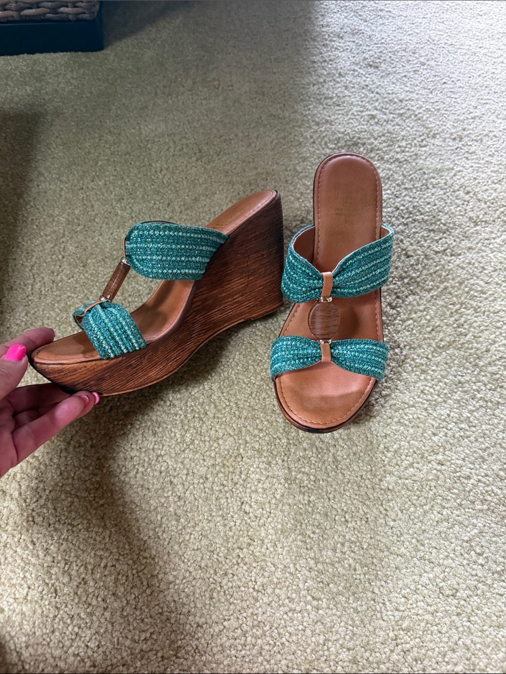 Wedge Slide Sandals in Teal Braided Straps